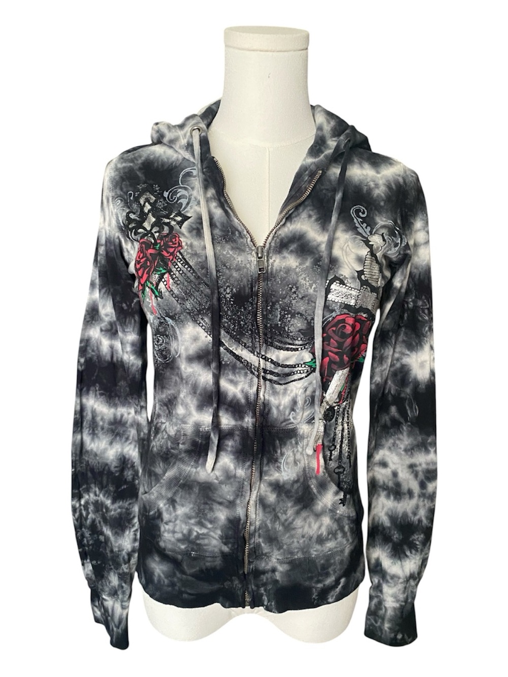 Y2K Grunge Tie-Dye Zip Hoodie with Rose and Sword Graphic
